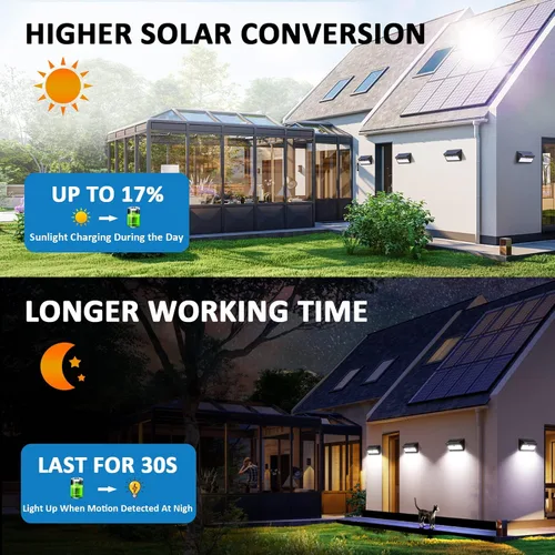 Vista 3 de Luces solares para exteriores, impermeables, 100 luces LED con sensor de movimiento solar con gran angular súper brillantes luces de pared