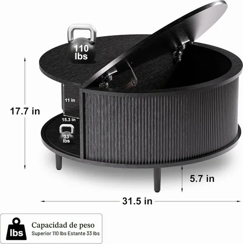 Vista 2 de Mesa auxiliar redonda, mesa central acanalada de 31.5 pulgadas con almacenamiento, mesa de centro elevable con almohadillas ajustables, puerta