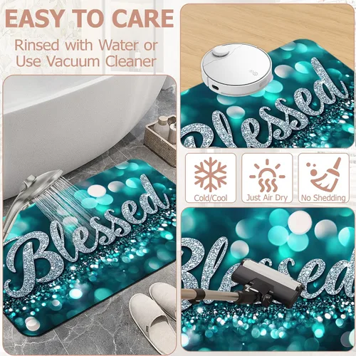 Vista 6 de Tapete de baño antideslizante, decoración de baño con purpurina bendita, tapete de baño plateado de diatomeas de secado rápido, absorbente, alfombra