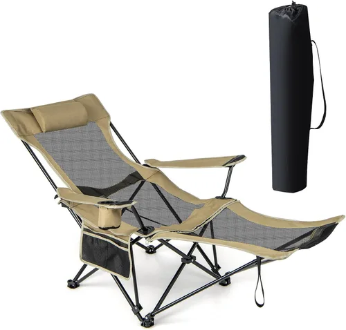 Vista 10 de GYMAX Silla de campamento, silla reclinable ajustable con reposapiés extraíble, almohada acolchada, portavasos y bolsillo lateral, silla plegable