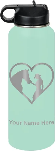 Vista 77 de LaserGram Botella de agua personalizada, corazón de vaquera de caballo, acero inoxidable de doble pared aislada al vacío con popote superior, regalo