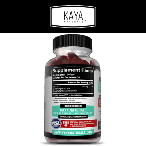 Vista 2 de Kaya Naturals - Aceite de krill antártico de 500 mg con Omega 3, EPA, DHA, fosfolípidos y suplemento de astaxantina - Vitamina para el cerebro