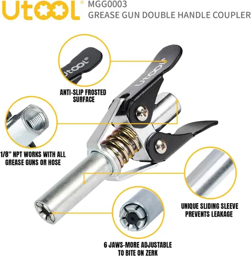 Vista 3 de UTOOL Kit de accesorios para pistola de engrase, acoplador de doble mango con limpiador de ajuste Zerk, roscas NPT de 1/8, accesorios Zerk fáciles