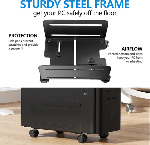 Vista 12 de AGPTEK Soporte para CPU, ancho ajustable de 4.7 a 8.2 pulgadas con 2 ruedas de bloqueo y 2 ruedas giratorias, color negro