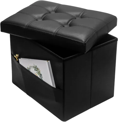 Vista 26 de Bsketa Otomana de Almacenamiento, Taburete Plegable con Asiento Acolchado de Espuma Más Gruesa, Otomana Pequeña de Cuero para Almacenamiento, Banco
