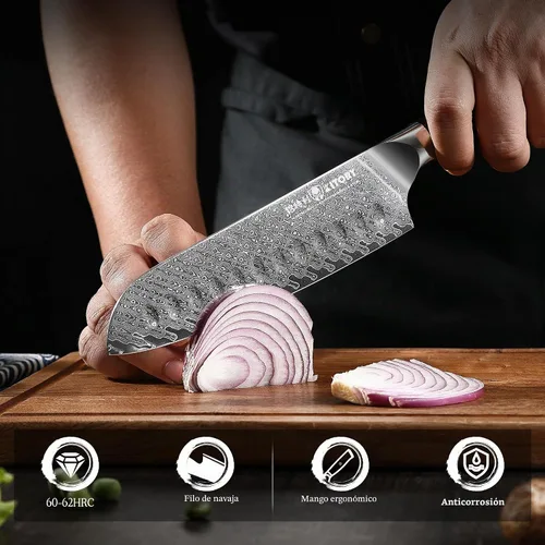 Vista 6 de Cuchillo Santoku de Damasco de 73 capas, 10Cr15CoMoV HC núcleo de corte, estilo japonés Premier Kitchen Chefs Gadget w/t caja de regalo D1santoku