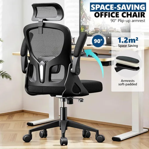 Vista 6 de Silla de oficina ergonómica, silla de escritorio de malla con reposacabezas ajustable y soporte lumbar, silla de computadora con ruedas con Negro