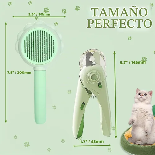 Vista 5 de Cepillo autolimpiante para gatos, cortaúñas con luz LED y lima de uñas Verde