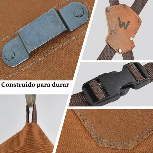 Vista 7 de WELKINLAND Delantal de herramientas de lona encerada de 16 bolsillos, delantales de carpintería de servicio pesado, delantal de carpintero