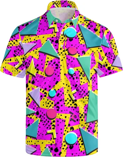 Vista 35 de Camisa de golf de los años 80 para hombre, ajuste seco, manga corta, estampada, divertidas, camisas de golf de los años 90 para hombre