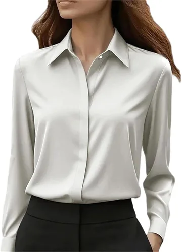 Vista 7 de Camisa de oficina de manga larga para mujer, cuello con botones, blusa formal sólida