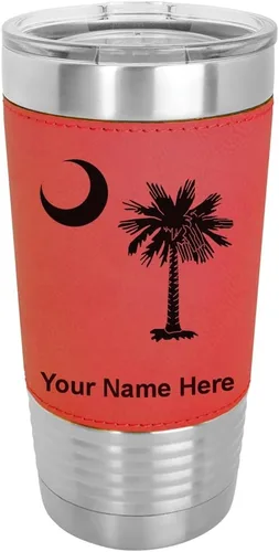 Vista 11 de LaserGram 20oz Vacuum Insulated Tumbler Mug, Flag of South Carolina, Personalized Engraving Included (Faux Leather, Baseball Style)
