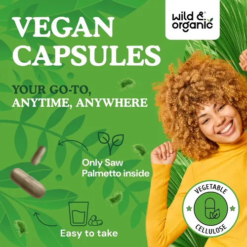Vista 4 de Wild & Organic Cápsulas Saw Palmetto de 500 mg - Soporte del tracto urinario para hombres y mujeres - Suplemento en polvo de palma enana pura