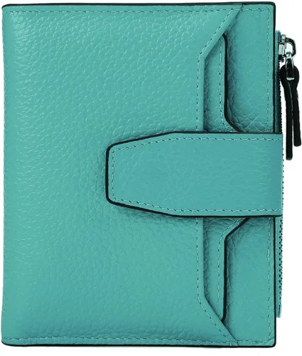Vista 24 de Cartera de cuero con bloqueo RFID para mujer, pequeña, compacta, doble cremallera, con ventana para identificación