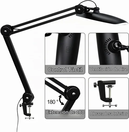 Vista 6 de Lámpara de escritorio LED de 20 pulgadas con abrazadera, luz de uñas ajustable CCT de 24 W regulable para escritorio, 120 LED de brazo giratorio