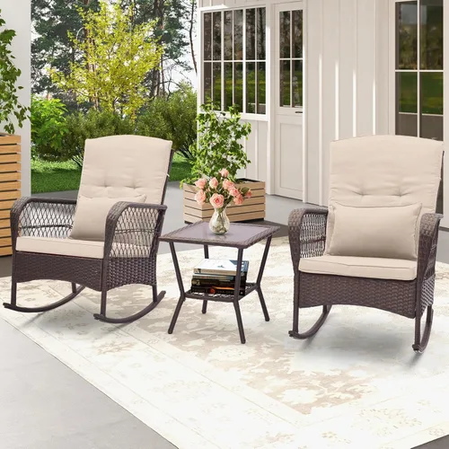 Vista 2 de ORALNER Juego de 3 mecedoras de mimbre para muebles de patio, sillas mecedoras para exteriores con cojines, almohadas, mesa de centro de cristal