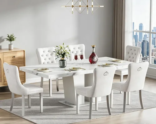 Vista 35 de Juego de mesa de comedor extensible de 5 piezas con 4 sillas de tela, mesa extensible marrón con base negra, juego moderno de comedor de madera