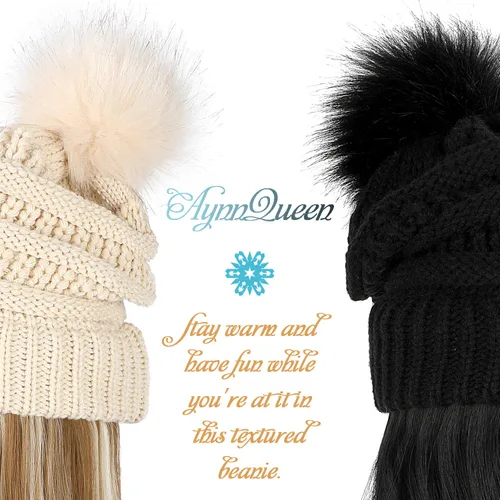 Vista 6 de AynnQueen - Gorro de invierno con extensiones de cabello desmontables para mujer.