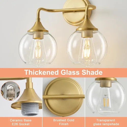 Vista 3 de Lámpara de Tocador de Baño Dorada con Pantalla de Vidrio Transparente, Base E26, Luminarias de Baño de 2 Luces Sobre Espejo, Luces de Tocador de 14