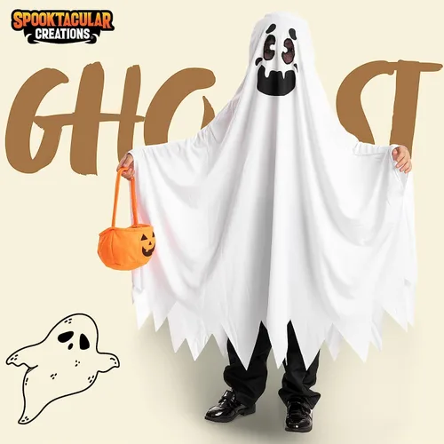 Vista 2 de Spooktacular Creations Disfraz de fantasma para niños con cesta de calabaza, disfraz de Halloween aterrador para niños, disfraz de fantasma