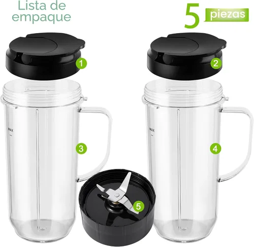 Vista 2 de 5 tazas de licuadora Magic Bull, taza alta de 22 onzas con tapa abatible para llevar, hoja cruzada, piezas de repuesto de licuadora, taza con mango