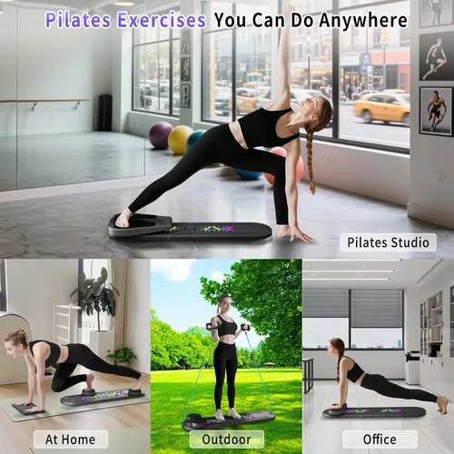 Vista 4 de Tabla de Pilates, Juego de Reformador de Pilates Plegable para Entrenamiento en Casa con Temporizador, Equipo de Pilates Reformador Portátil