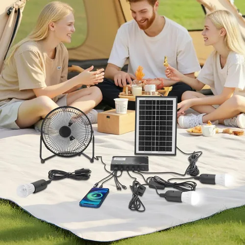Vista 6 de Ventilador de campamento de energía solar con luces, panel de energía solar, kit de sistema de ventilador solar, ventilador portátil recargable