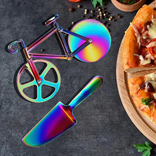 Vista 3 de Partim - Rueda cortadora de pizza con forma de bicicleta, de acero inoxidable, con pala y soporte para pizza, rueda de corte doble antiadherente