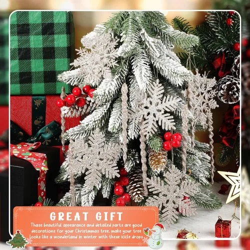Vista 4 de Deekin 72 piezas adornos de carámbano de copo de nieve para árbol de Navidad, carámbanos torcidos de copo de nieve con purpurina, decoraciones