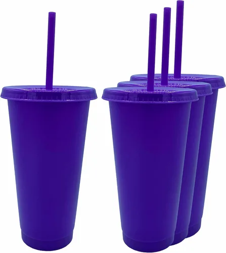Vista 4 de Vaso frío de plástico reutilizable de 24 onzas con popote y tapa, paquete de 4 unidades (soplo)