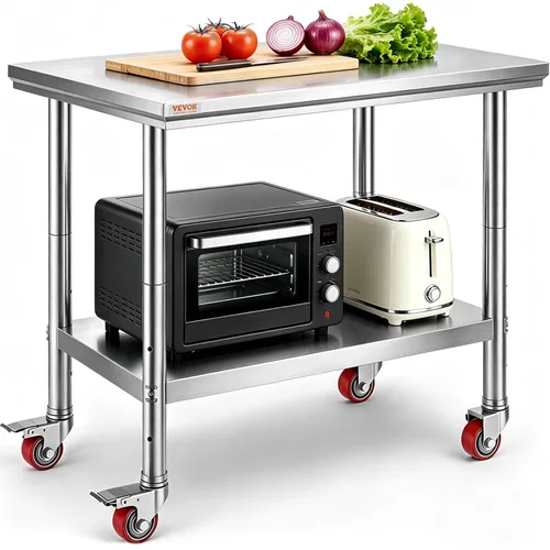 Vista 15 de Vevor Mesa de trabajo de acero inoxidable con ruedas de 24 x 12 x 32 pulgadas, mesa de preparación con 4 ruedas, mesa de trabajo resistente