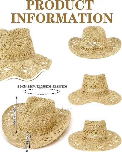 Vista 3 de Didaey 2 sombreros de vaquero de paja tejida para mujer, sombrero de vaquera de ala ancha, sombrero de vaquero occidental, para hombres y mujeres