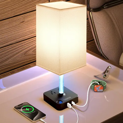 Vista 10 de COZOO - Lámpara de mesa y mesita de noche con control táctil de intensidad regulable de 3 vías, 3 puertos de carga USB y 2 tomas de corriente, base