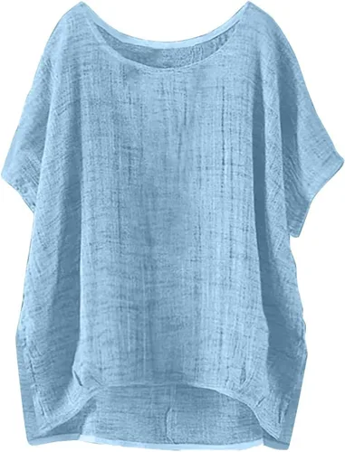 Vista 7 de Nantdog Summer Tops for Women 2025 Short Sleeve Crew Neck Linen Cotton Shirts Plus Size Gauze Casual Dressy Blouse Outfits