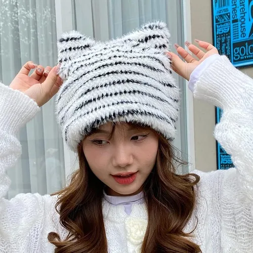 Vista 6 de Gorro de gato con orejas para mujer, gorros holgados para mujer, accesorios grunge, sombreros de ganchillo