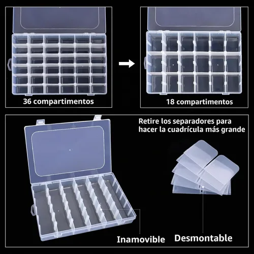 Vista 4 de Caja Organizadora de Plástico Transparente de 36 Cuadrículas con Divisores de Compartimentos Ajustables, Caja de Colección de Rocas para Cuentas