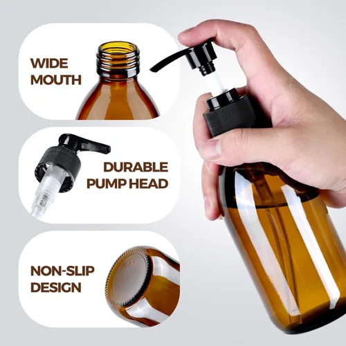 Vista 5 de Botella con bomba de vidrio ámbar de 8 onzas, dispensador de jabón vacío pequeño para aceite Refillable Dark Lotion Dispensers, Include Storage