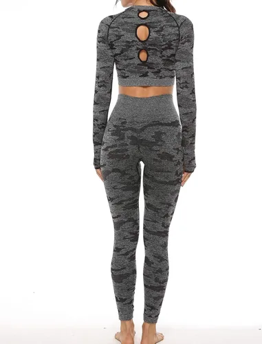 Vista 5 de RIOJOY Conjunto de 2 piezas de yoga para mujer, sin costuras, manga larga, con agujeros para el pulgar, yoga, gimnasio, compresión, camisetas