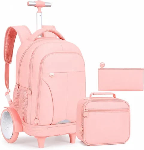 Vista 9 de Mochila con ruedas para mujer, bolsa de libros con ruedas, mochila escolar Juego de 3 piezas verde