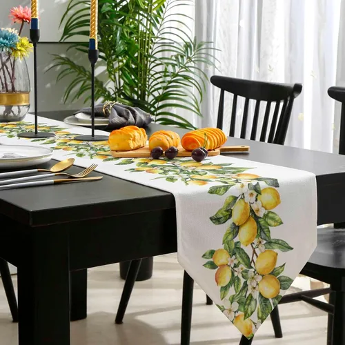 Vista 3 de Caminos de mesa triangulares de algodón y lino pequeños de 36 pulgadas, limones de verano, remolinos florales blancos, bufandas de tocador