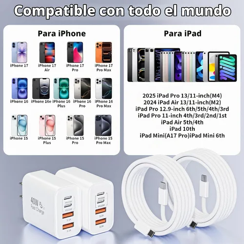 Vista 2 de Cargador de carga rápida para iPhone 17 16 15 Pro Max de 10 pies, 40 W, paquete de 2 4 puertos PD y AC, cable de carga rápida USB C a C de 10 pies