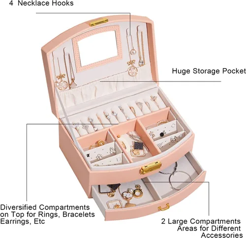 Vista 4 de U-D Cajas organizadoras de joyas para mujer, 2 capas, con bandeja desmontable y cajón (rosa)