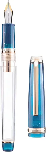 Vista 4 de Jinhao 82 Pluma estilográfica acrílica con convertidor, blanco transparente y azul malaquita con borde dorado, juego de 2 bolígrafos de escritura