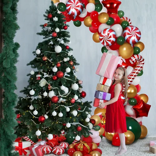 Vista 6 de RUODON Kit de arco de globos de Navidad, 233 piezas con dulces, bastón, látex, caja de regalo y globos de estrella para decoraciones de fiesta