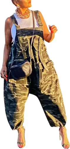 Vista 2 de LETSVDO Overol casual de harén para mujer, talla grande, camuflaje, tirantes delgados, sin mangas, pierna ancha, holgado, pantalones
