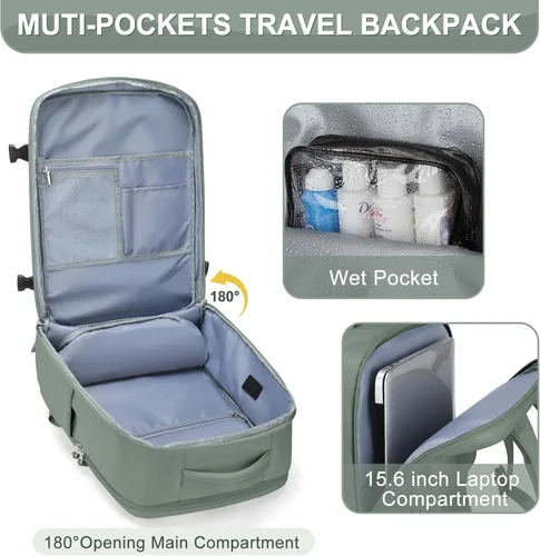 Vista 4 de PAUBACK Mochila de transporte, mochila de viaje grande para mujeres y hombres, aprobada por vuelos, mochila de viaje aprobada por aerolíneas, Verde