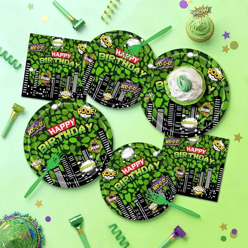Vista 5 de Vajilla de cumpleaños de superhéroe ninja para niños, 24 invitados Juego de servilletas y tenedores de platos de papel, desechables, impermeables