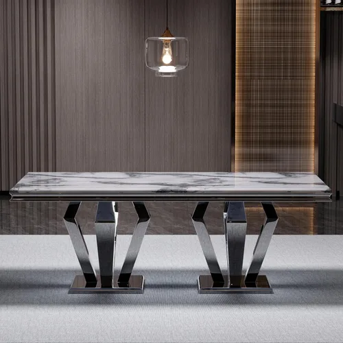 Vista 8 de ACEDÉCOR Mesa de comedor, mesa de comedor rectangular moderna de 78 pulgadas para 6-8 personas, parte superior de textura gris y base geométrica