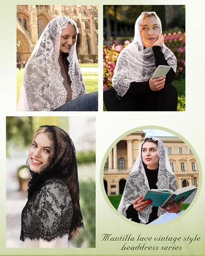Vista 7 de Rectangular Church Veils for Women Spanish Floral Lace Chapel Veil Scarf Mantilla Wrap Shawl Mass Head Covering