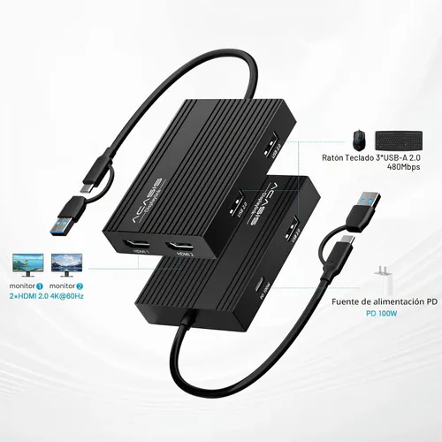 Vista 2 de ACASIS Adaptador DisplayLink USB C a HDMI dual para Mac M1/M2/M3/M4/Windows Negro